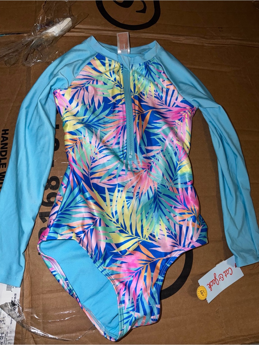 Target Girls' Tropical Leaf Long-Sleeve One-Piece Swimsuit - Light Blue/Multi